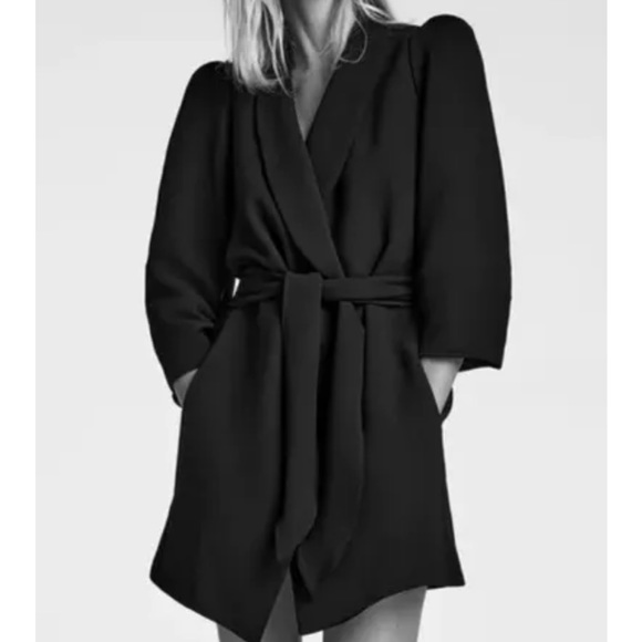 Zara Tied Bow Sleeve Puff Shoulder Black Belted Frock Coat Black M - Picture 13 of 16